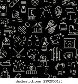Winter active recreation and extreme sports seamless vector pattern with ski track, snowboard, hockey. Linear icons on a black background