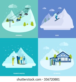 Winter active rest in mountains design concept set with  people downhills and ski  rental vector illustration