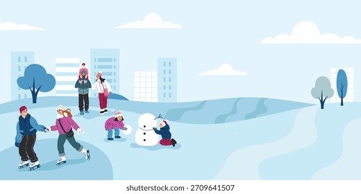 Winter activities banner. Flat cartoon vector illustration.