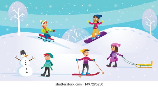 Winter Activities Cartoon Flat Vector Illustration. Including Snowboarder, Skier, Playing Children. Holiday Scene with Kids on Fresh Air with Equipment such as Sledge. Doing Snowman.