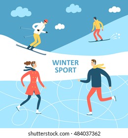 Winter activities cartoon illustration. Active people skating and skiing outdoor. Winter illustration for your design.