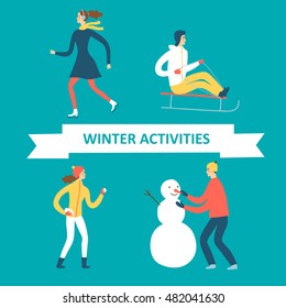 Winter activities cartoon set. Active people illustration for your design.
