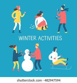 Winter activities cartoon set. Active children playing outdoor.Characters illustration for your design.