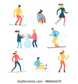 Atividades de inverno conjunto de desenhos animados. Incluindo patinador no gelo, snowboarder, esquiador, brincando com crianças. Elementos isolados. Ilustração esportiva de inverno para o seu design.