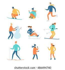 Winter activities cartoon set. Including ice skater, snowboarder, skier, playing children. Isolated elements. Winter sport illustration for your design.