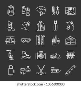 Winter activities chalk icons set. Skiing, skating, snowboarding. Sport equipment, clothes, transport, service. Isolated vector chalkboard illustrations