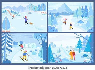 Winter activities of characters spending weekends outdoors. Man and woman competing in ski race. Couple walking in forest. Kid pulling sleds in park. Figure skating children in woods, vector