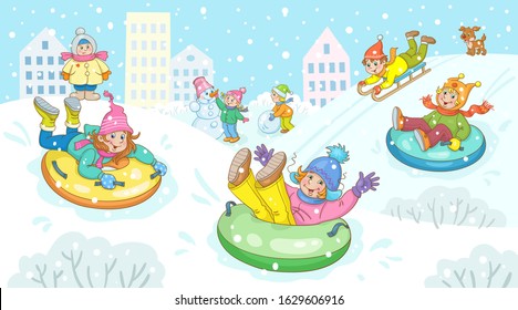 Winter activities. Cheerful children play, sculpt a snowman, ride down the hill and walk around the winter city. In cartoon style. Vector illustration.