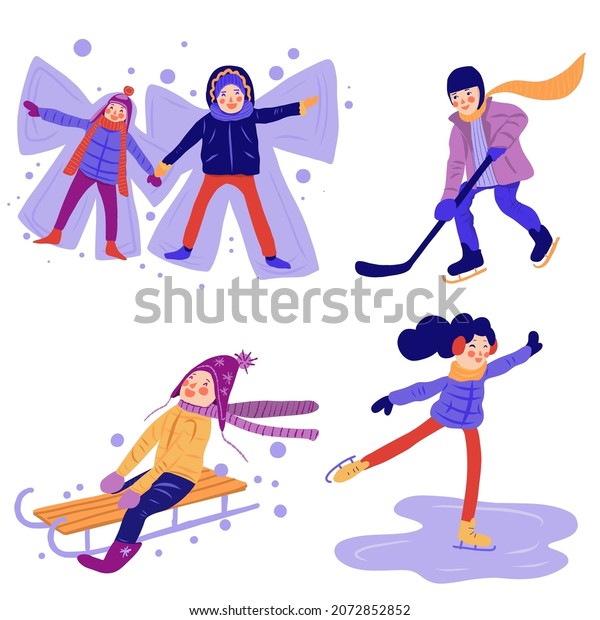 Winter activities.\
Children playing in snow. Ice skating, hockey, snow angel, sled.\
Vector illustration
