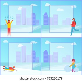 Winter activities in city park set of posters with happy people making fun outdoors. Vector illustration with snowy urban park and space for text content