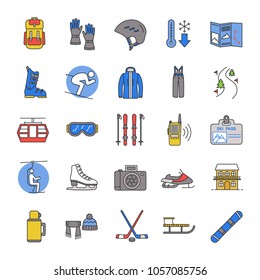 Winter activities color icons set. Skiing, skating, snowboarding. Sport equipment, clothes, transport, service.
Isolated vector illustrations