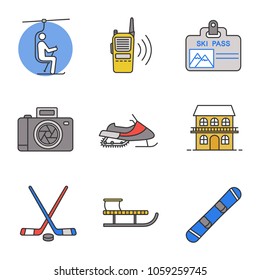 Winter activities color icons set. Chairlift, walkie talkie, ski pass, photo camera, snowmobile, cottage, ice hockey gear, sled, snowboard. Isolated vector illustrations
