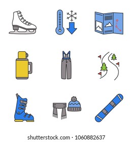 Winter activities color icons set. Scarf and hat, cold weather, map, thermos, ski pants and boot, forest road, skate, snowboard. Isolated vector illustrations