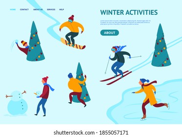 Winter Activities Concept Card Landing Web Page Template with Characters People Flat Design Style. Vector illustration