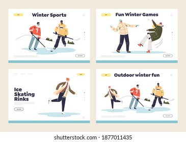 Winter activities concept of set of template landing pages: hockey, skating, snowballs. Young people having fun outdoors in wintertime. Cartoon vector illustration