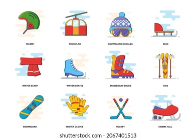Winter activities concept stroke flat line icons isolated set. Sports equipment bundle. Graphic linear symbols collection for website design. Vector conceptual pack outline pictograms for mobile app