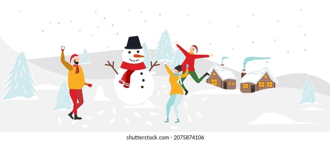 Winter activities concept. Young people throw snowballs and throw snowballs, enjoying the falling snow and winter nature against the backdrop of a country landscape. Vector.