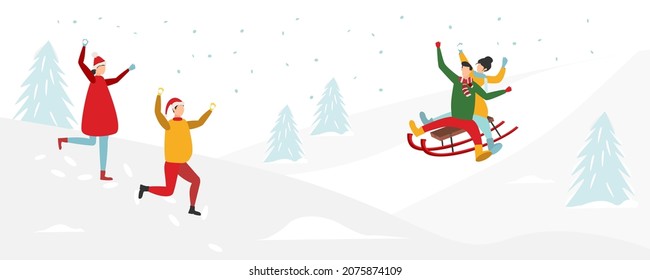 Winter activities concept. Young people throw snowballs and throw snowballs, enjoying the falling snow and winter nature against the backdrop of a country landscape. Vector.