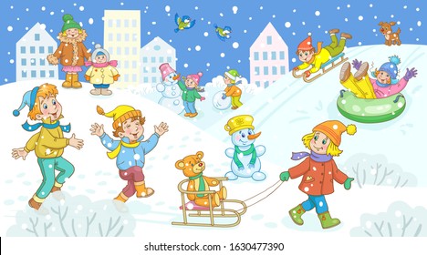 Winter activities. Cute funny children play, sculpt a snowman, ride down the hill and walk around the winter city. In cartoon style. Vector illustration.