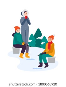 Winter activities. Family fishing together. Anglers fishing on iced pond. Girl and boy sitting on chair with rod and catching fich in hole. Characters wearing warm clothing, winter hobby vector