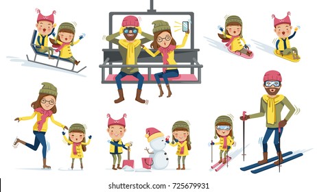 Winter activities father, mother, son, daughter. Design collection of decorative icons with happy family engaged in winter sports on holidays.  vector illustration cartoon ,concept design isolated