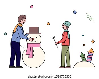 Winter activities of father and son vector. Man and boy sculpting snowman character decorating it with hat and knitted scarf. Family recreation in winter season, dad and child outdoors flat style