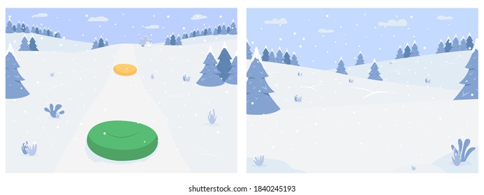 Winter activities flat color vector illustration set. Sledging hill. Mountain skiing and snowboarding area. Snow sports 2D cartoon characters with Snowy hills forest on background collection