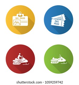 Winter activities flat design long shadow glyph icons set. Ski pass badge and tickets, snowmobiles. Vector silhouette illustration