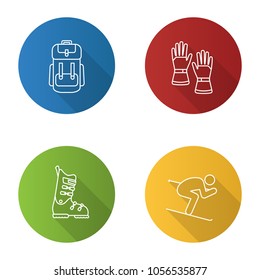 Winter activities flat linear long shadow icons set. Backpack, skiing gloves and boots, skier. Vector outline illustration