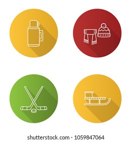 Winter activities flat linear long shadow icons set. Thermos, scarf and hat, ice hockey sticks and puck, sled. Vector outline illustration