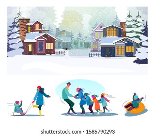 Winter activities flat vector illustration set. Suburban families enjoying sleighing, ice skating, spending time together. Lifestyle, leisure, vacation concept