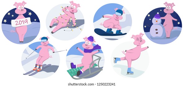 Winter activities with funny pigs stickers set. Sledding, snowboarding, skiing, skating, making a snowman, entangled in the garland.