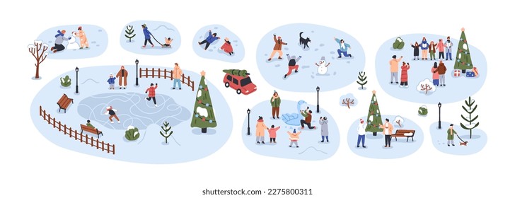 Winter activities and funs set. Happy active people on Christmas holiday. Families, kids at wintertime leisure, playing snowball, skating outdoor. Flat vector illustration isolated on white background