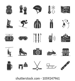 Winter activities glyph icons set. Skiing, skating, snowboarding. Sport equipment, clothes, transport, service. Silhouette symbols. Vector isolated illustration