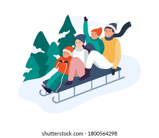 Winter activities. Happy family riding sledge down hill near snowy fir trees. Parents with kids riding sledding slide. Spending time actively and funny together on nature vector illustration