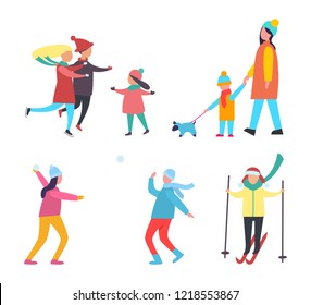 Winter activities and hobbies people set vector. Family skating with children, mother child walking dog pet. Couple playing snowballs, skiing person