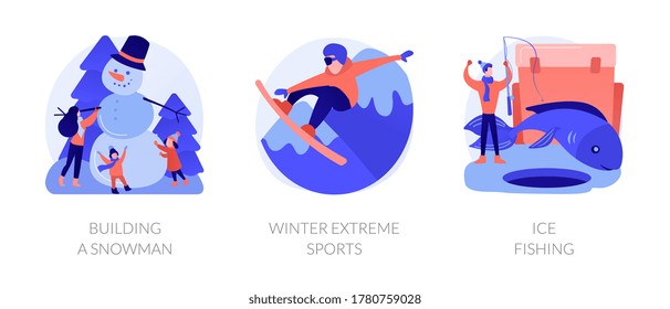 Winter activities, hobby and recreation, outside leisure, snowboarding. Building a Snowman, winter extreme sports, ice fishing metaphors. Vector isolated concept metaphor illustrations.