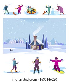 Winter activities for kids set. Children skiing, snowboarding, country landscape with house. Flat vector illustrations. Country, vacation concept for banner, website design or landing web page