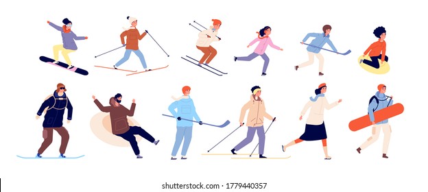 Winter activities with kids. Sports couples, christmas holiday time. Isolated skating ski snowboard and hockey characters vector illustration