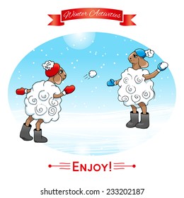 Winter activities. Lambs play in snowballs. Winter poster. Poster, card with sheep on a winter snow background. Merry Christmas and Happy New Year.