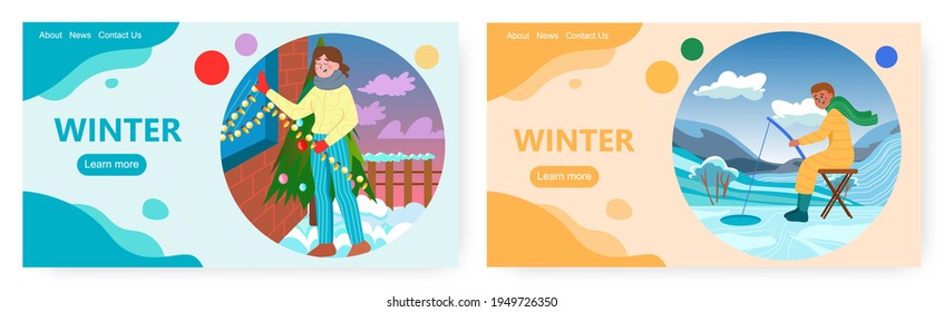 Winter activities landing page design, website banner vector templates. Girl decorating home with garland, man fishing.