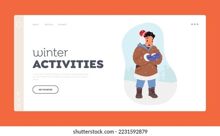 Plantilla de la página de inicio de actividades de invierno. Los niños pequeños que caminan por la calle Wintertime disfrutan de la primera nieve. Diversión navideña de vacaciones. El Carácter De Niño Usa Ropa Cálida Jugando. Ilustración de vectores de personas de caricatura