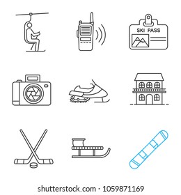 Winter activities linear icons set. Chairlift, walkie talkie, ski pass, photo camera, snowmobile, cottage, hockey gear, sled, snowboard. Thin line contour symbols. Isolated vector outline illustration