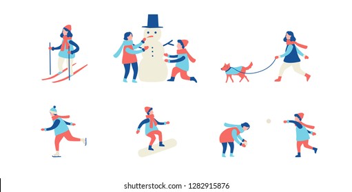 Winter activities. Men, women and children ski, ice-skate, make a snowman and play snowballs. Flat cartoon vector illustration 