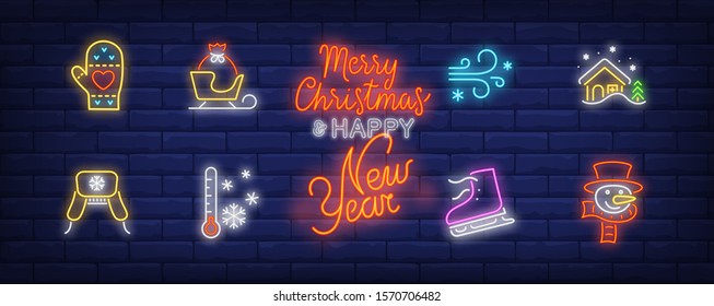 Winter activities neon sign set. Snowman, ice skates, mitten warm hat, cottage. Vector illustration in neon style, bright banner for topics like December holidays, vacation, Christmas