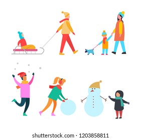 Winter activities people and family set vector. Snowman building, mother with big ball of snow. Walking dog, child sitting on sledges, skating hobby