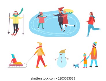 Winter activities, people skiing and skating on rink vector. Kid sitting on sledges, man jogging, mother child walking dog pet. Active family pastime