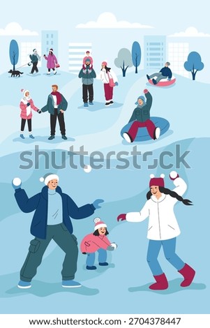 Winter activities. People are walking, building a snowman, having a snowball fight, tubing, and ice skating. Flat cartoon vector illustration.