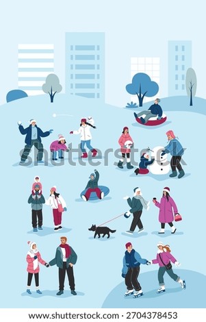 Winter activities. People are walking, building a snowman, having a snowball fight, tubing, and ice skating. Flat cartoon vector illustration.