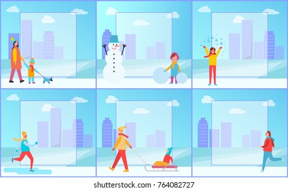 Winter activities posters set representing mother and her child walking dog, snowman and skiing man, filling form in centre on vector illustration